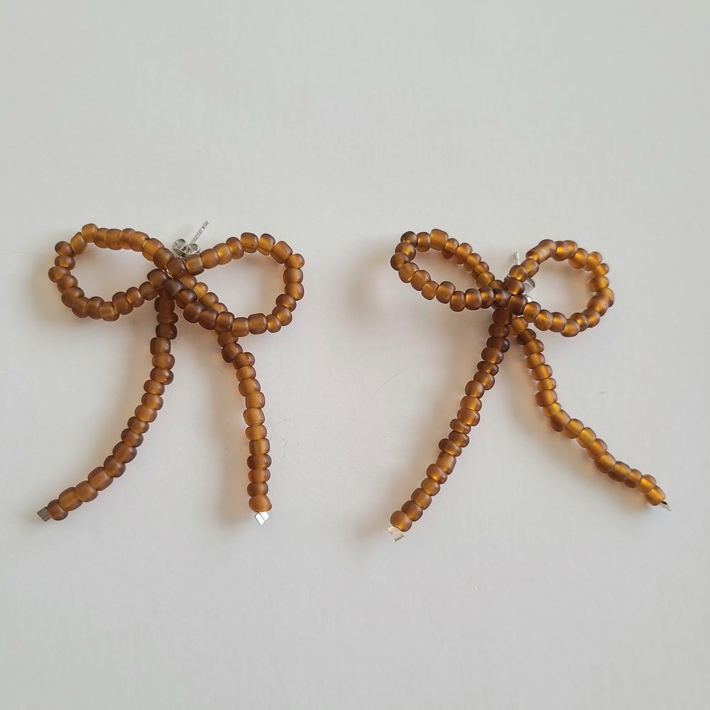 Brown Beaded Bow Earrings - Picture 1 of 5